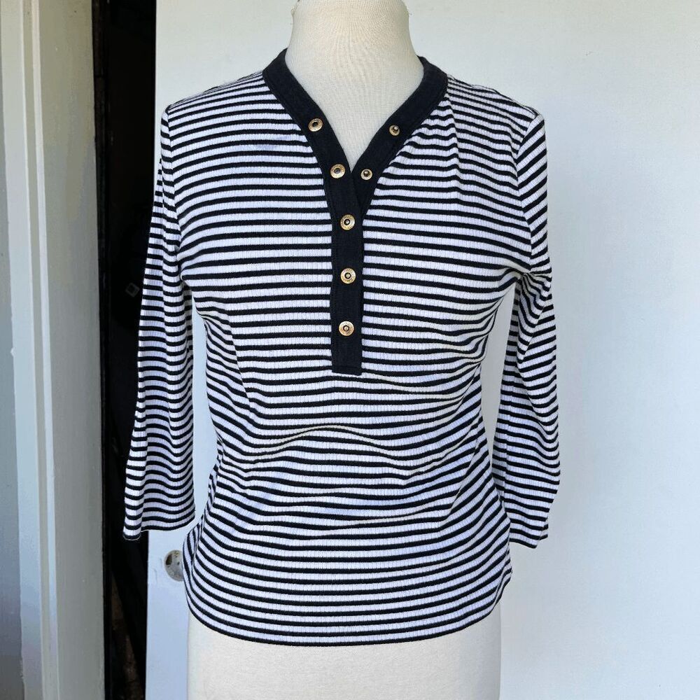 VTG Y2K LRL Ralph Lauren Striped Henley Shirt Brass Snaps Striped M